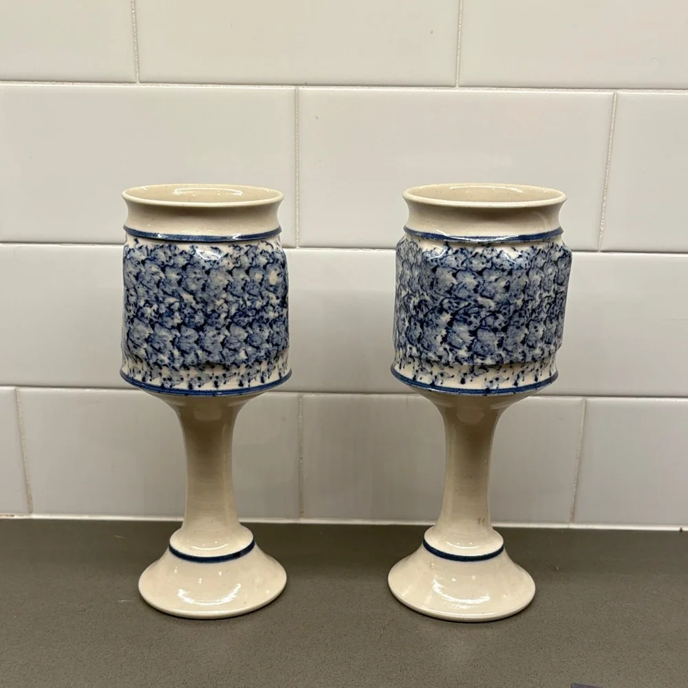 Blue and White Ceramic Goblets/Candle Holder - Picture 1 of 2